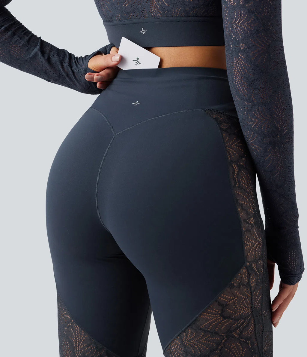 UltraSculptTM High Waisted Tummy Control Contrast Lace Yoga Flare Leggings with Pocket