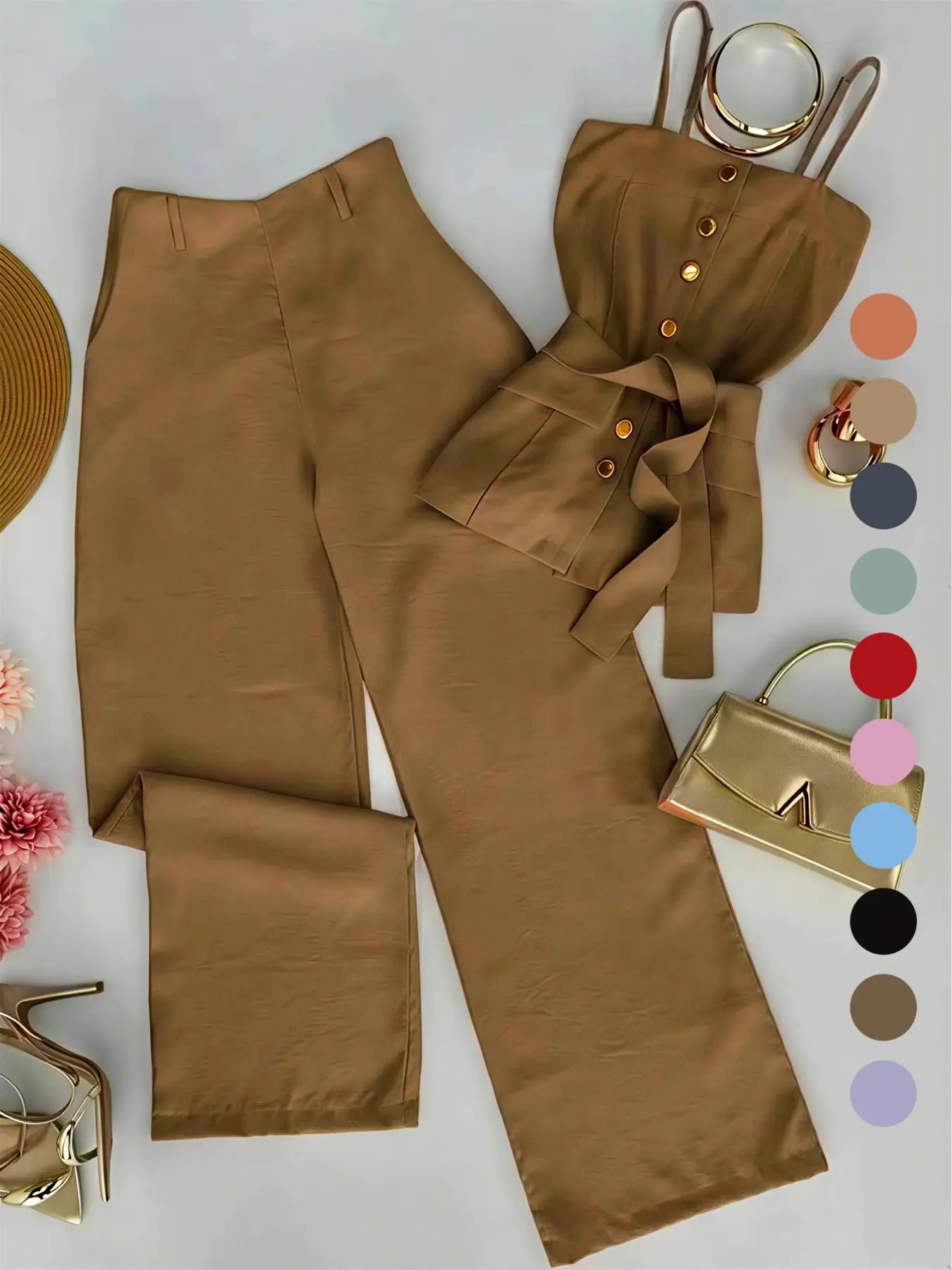 New Women's Solid Color Strappy Top & Long Pants Two-Piece Set, Outfit, Minimalist Basic Versatile Casual Wear, Comfortable and Stylish, Perfect for Daily Use
