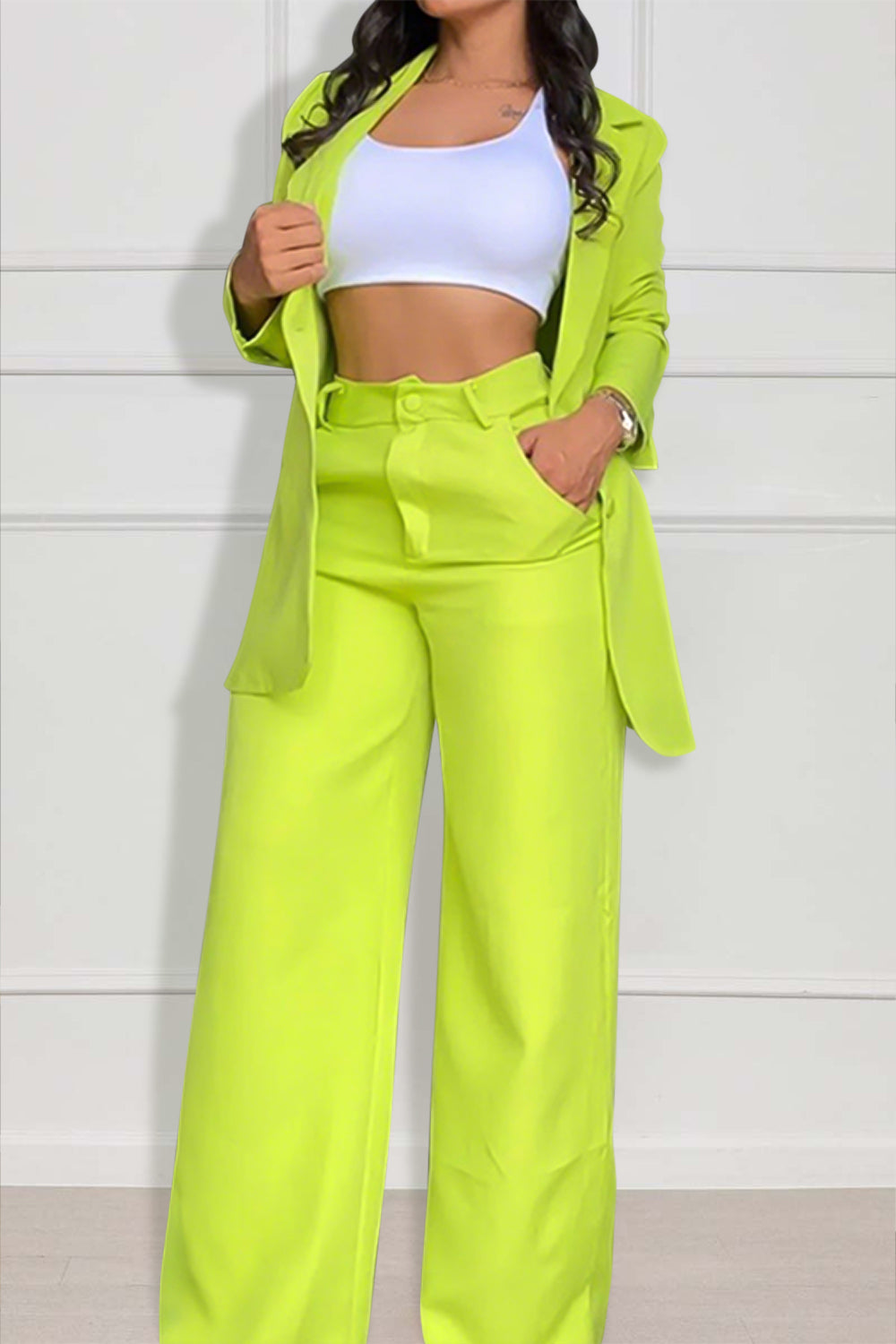 Solid Color Long Sleeve Blazer Wide Leg Pants Matching Set-Pink