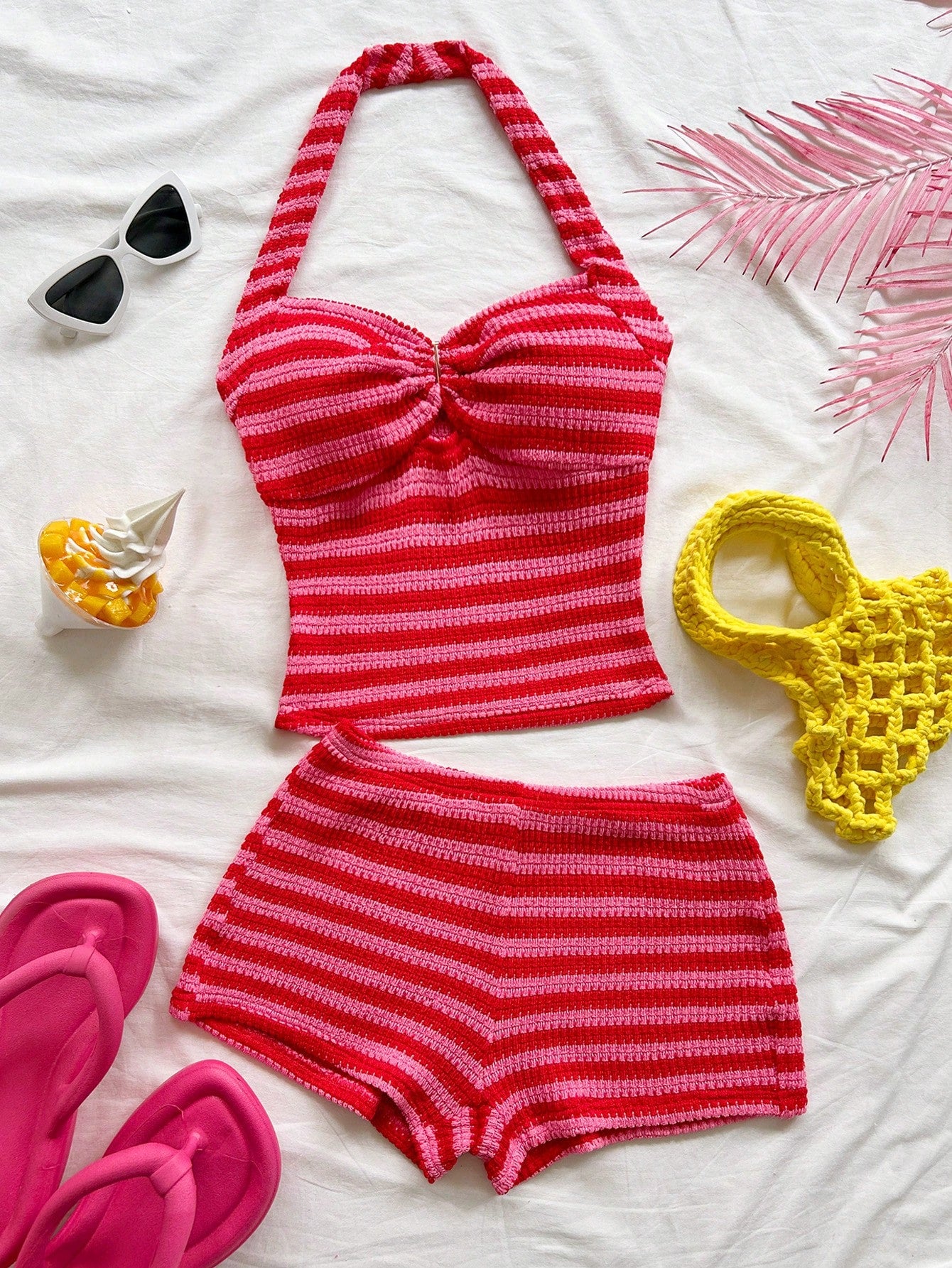 Soleia Women's Vacation Striped Halter Top And Shorts Casual 2 Pieces Set