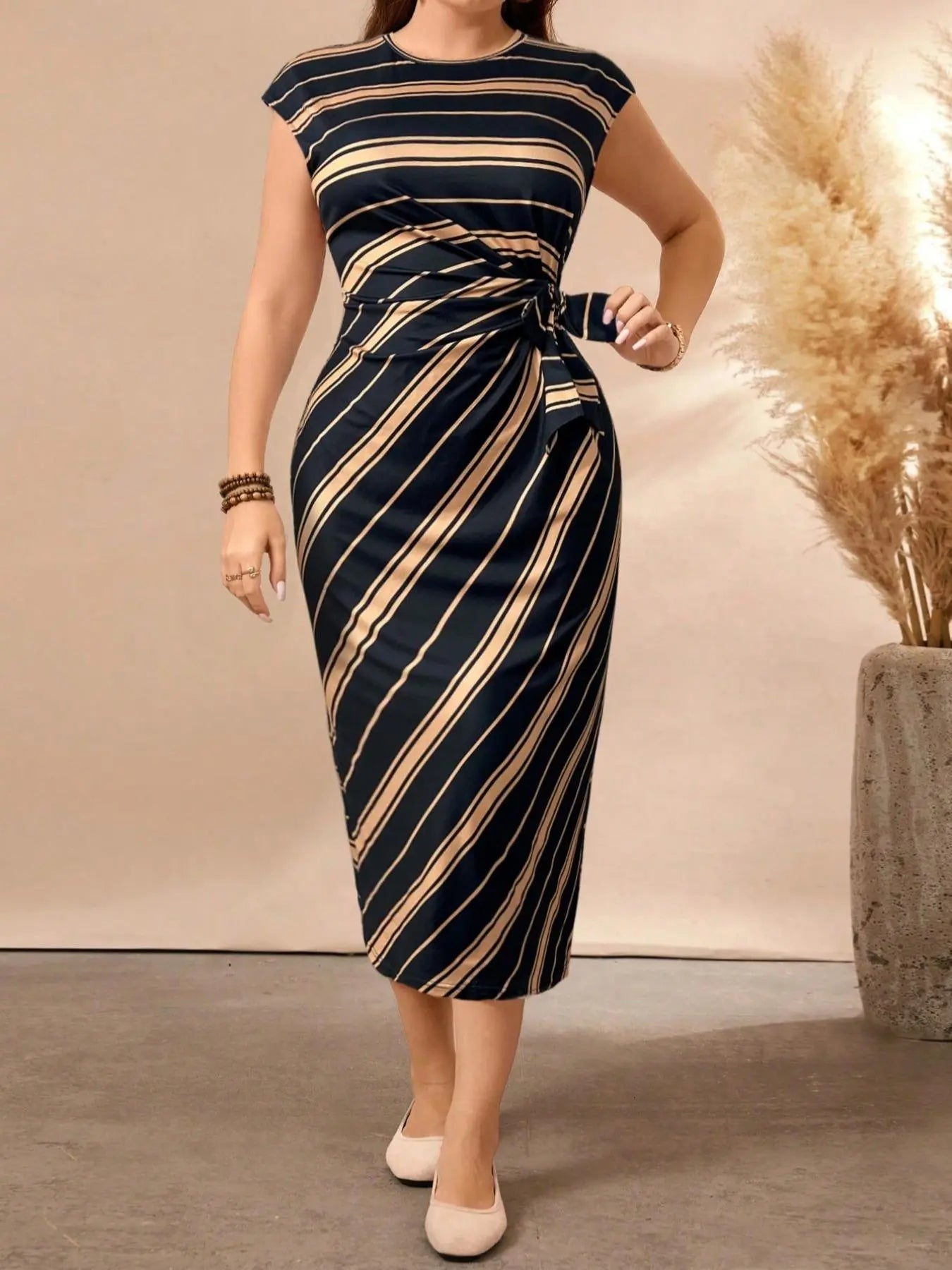 Plus Size Striped Print Dress for Casual Wear