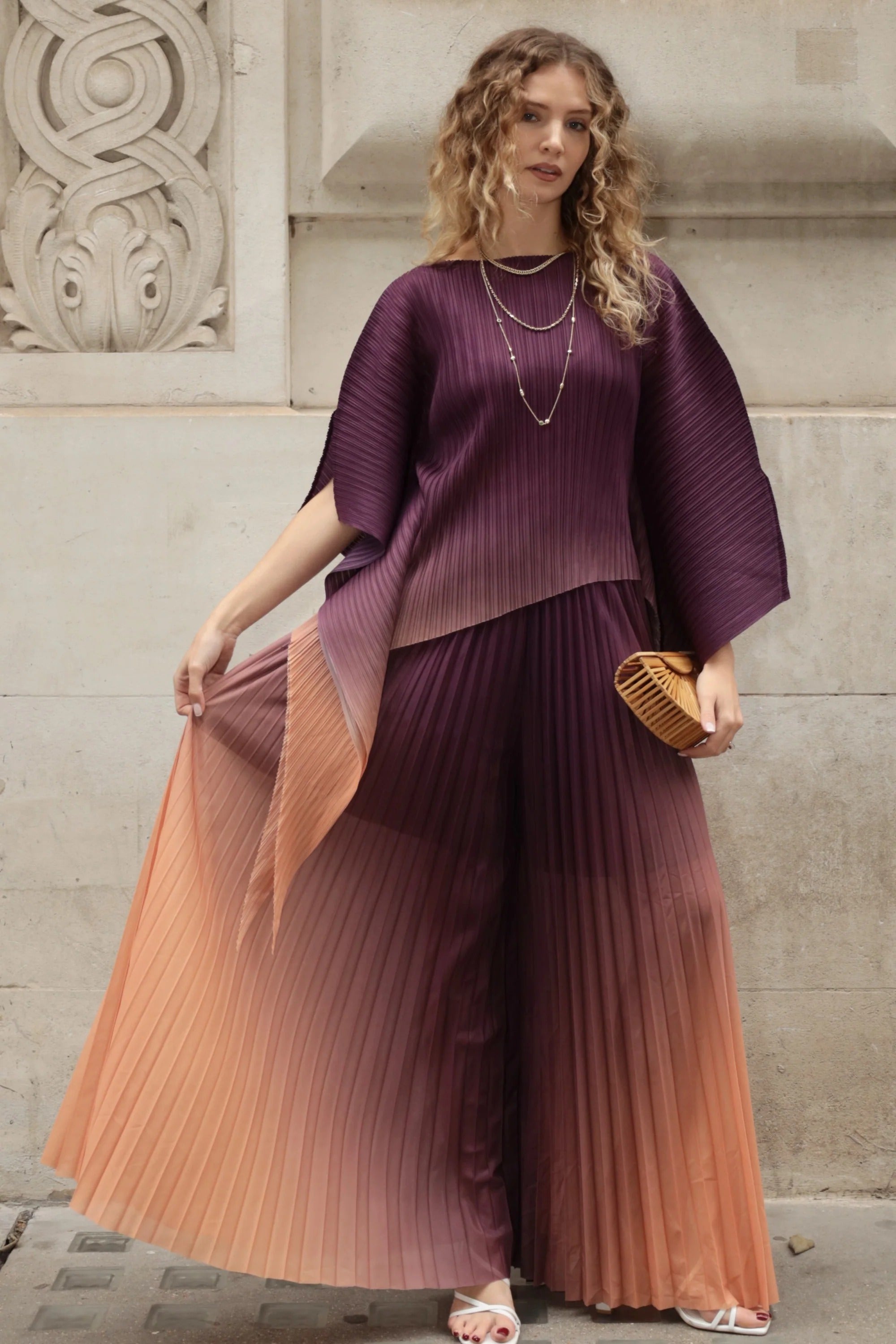 Full Pleated Tie Dye Color Top And Trousers
