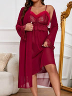 Soft Feather Patchwork & Ethereal Mesh Plus Size Women's Nightgown Set