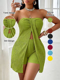 Women's Summer Plain Textured Fabric Twist Front Split Sleeveless Top Short Pants Set, Elegant Slim-Fitting Two-Piece Slit