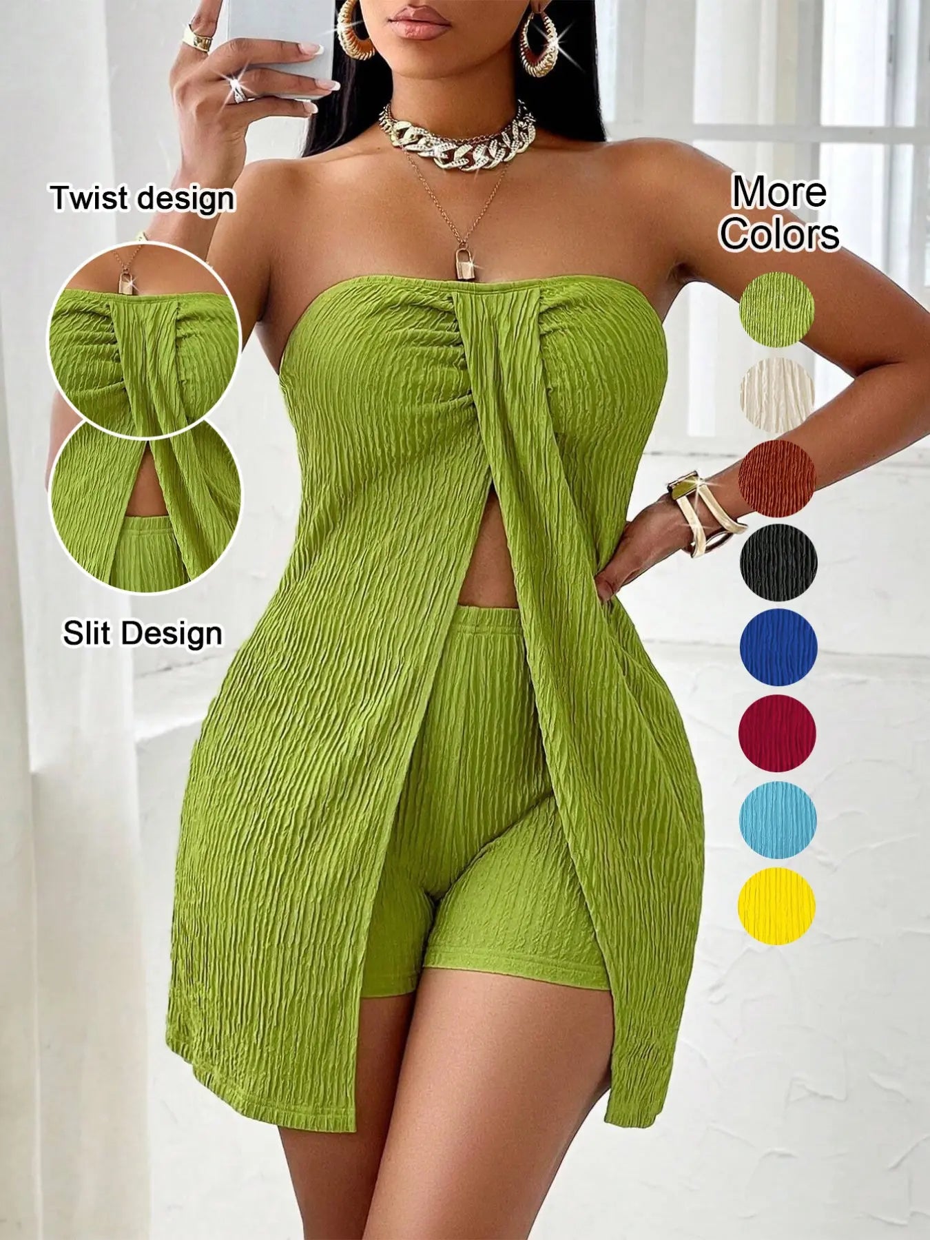 Women's Summer Plain Textured Fabric Twist Front Split Sleeveless Top Short Pants Set, Elegant Slim-Fitting Two-Piece Slit