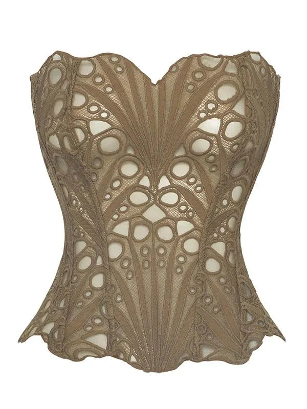 Women's Random Pattern Lace Up Shapewear Tube Top, Elegant Contrast Lace Corset Top, Tummy Control Shapewear for Women