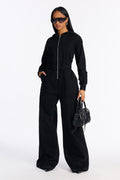 For The Hustle Hooded Utility Denim Jumpsuit - Black