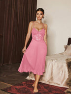 Slumberist 2pcs/Set Fishbone Design Waist Lace Camisole Nightgown + Floral Trim Wide Sleeve Mesh Robe