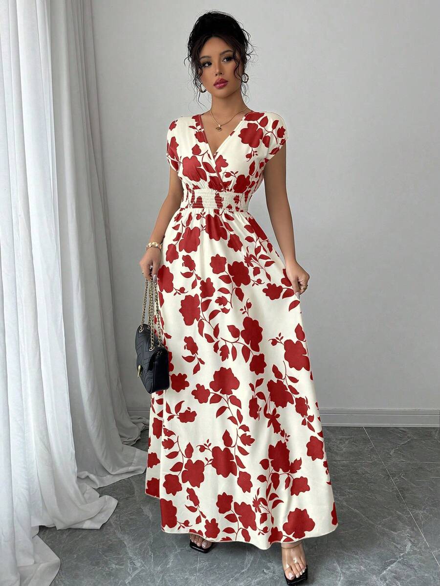 Elenzga Women V-Neck Allover Print Casual Long Dress