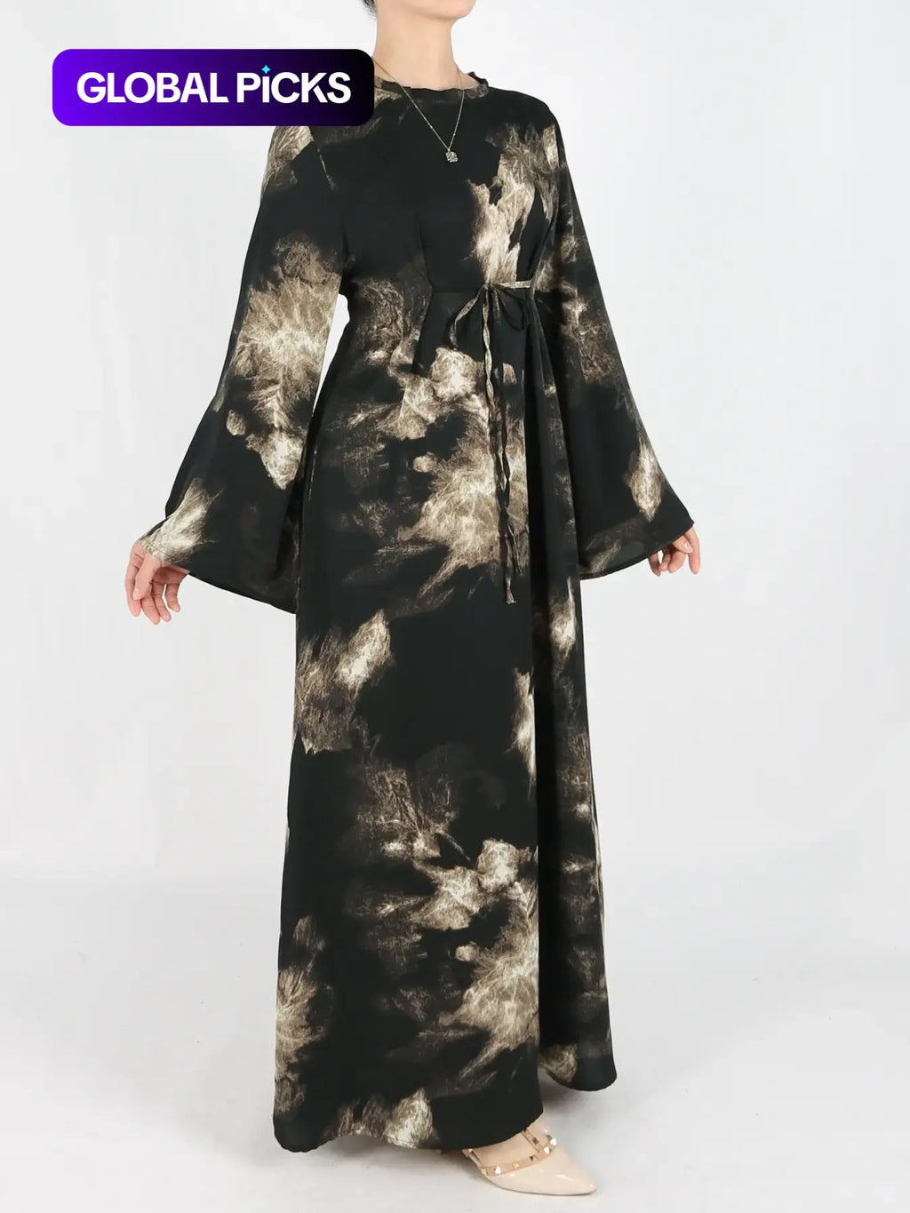 Women's Tie Side Zipper Back Dress, Elegant Long Sleeve Belted Abaya Dress for Daily Wear, Ladies Islamic Clothing for All Seasons, Round Neck Abayas
