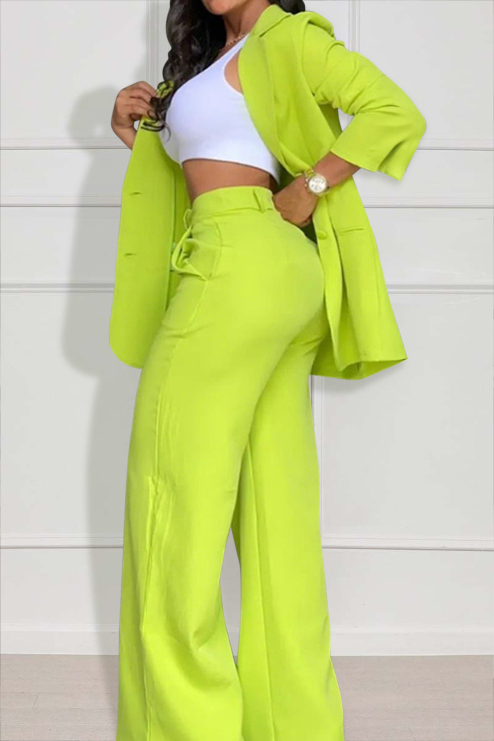 Solid Color Long Sleeve Blazer Wide Leg Pants Matching Set-Pink