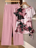 Women's Aqua Blue Summer Casual Vacation Holiday 2 Pieces Set,Abstract Floral Pattern Shirt With Tie Bow & Loose Straight Leg Pants,Vintage Style