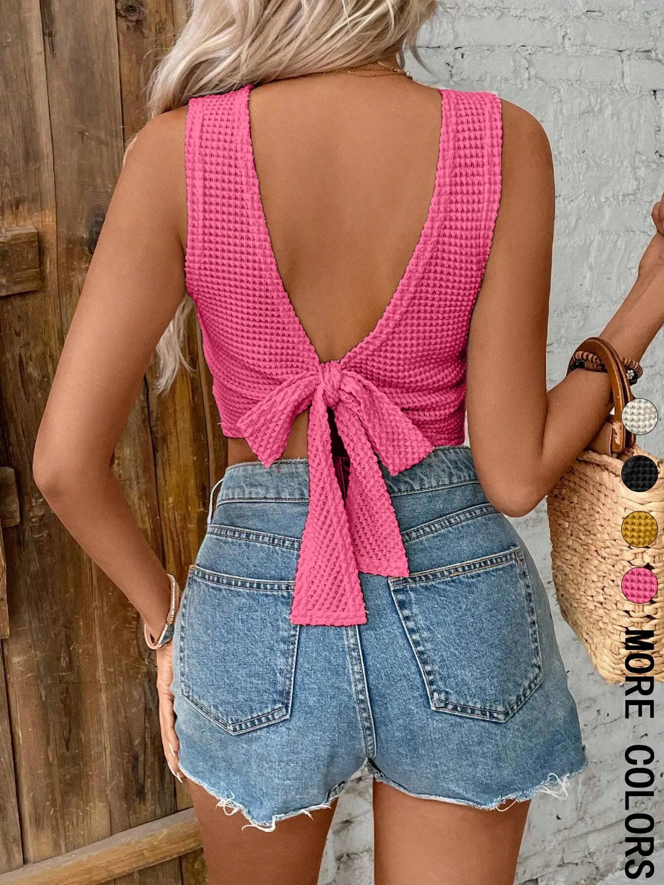 Women's Plain Tie-Back Waffle Knit Fitted Tank Top