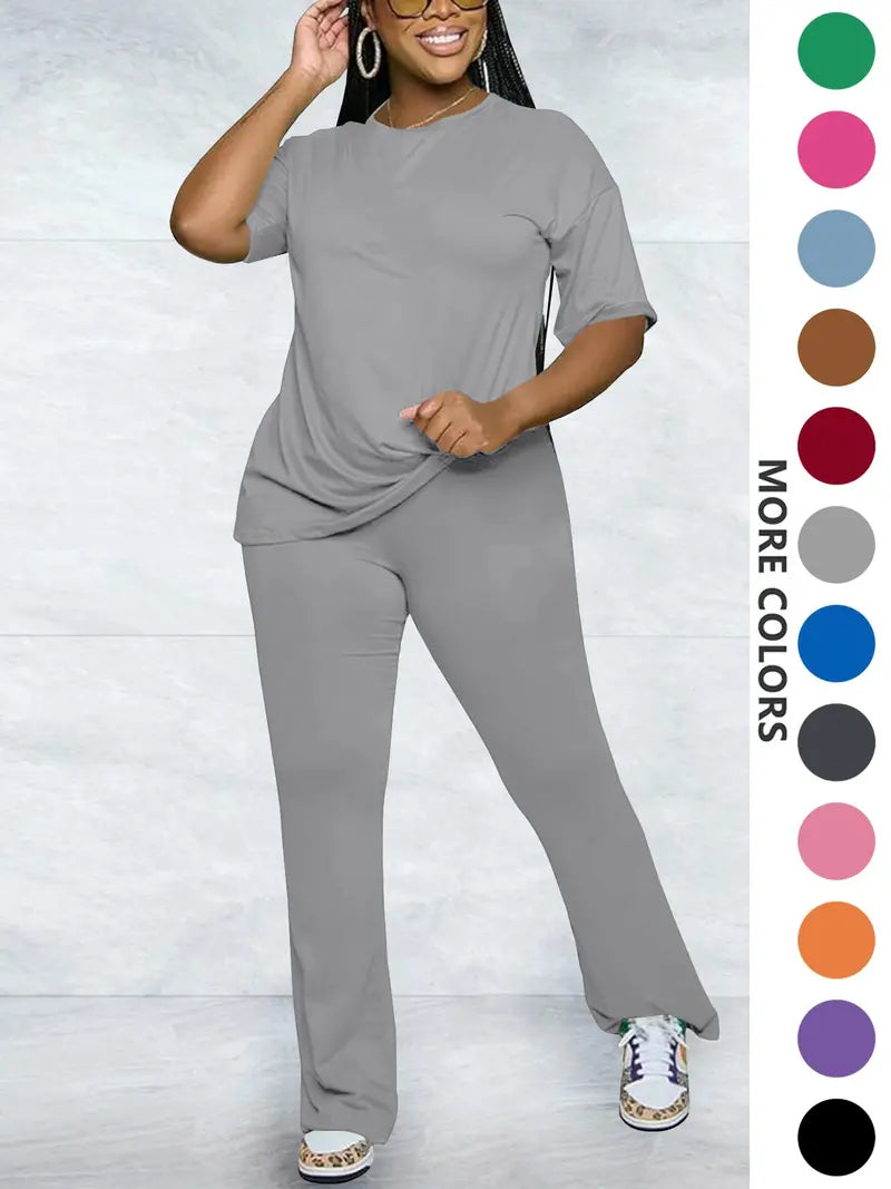 Women's Solid Round Neck Drop Shoulder Fitted Tee & Pants Two-piece Set, Casual Basic Fashion Cozy Half Sleeve T-shirt & Trousers for Daily Outdoor Wear, Women's Clothing for Fall, Casual Loungewear Set