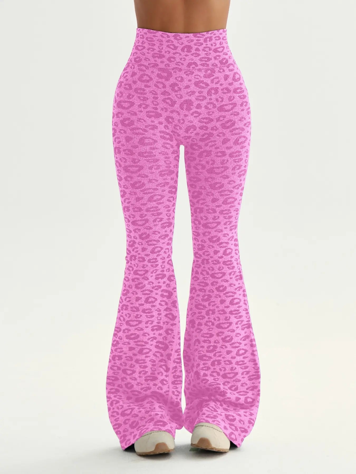 Women's Leopard Print Seamless Knit Flared Pants, High Waist Butt Lifting Yoga Training Pants, Sporty Fashion Casual Wear, Flared Yoga Bottoms
