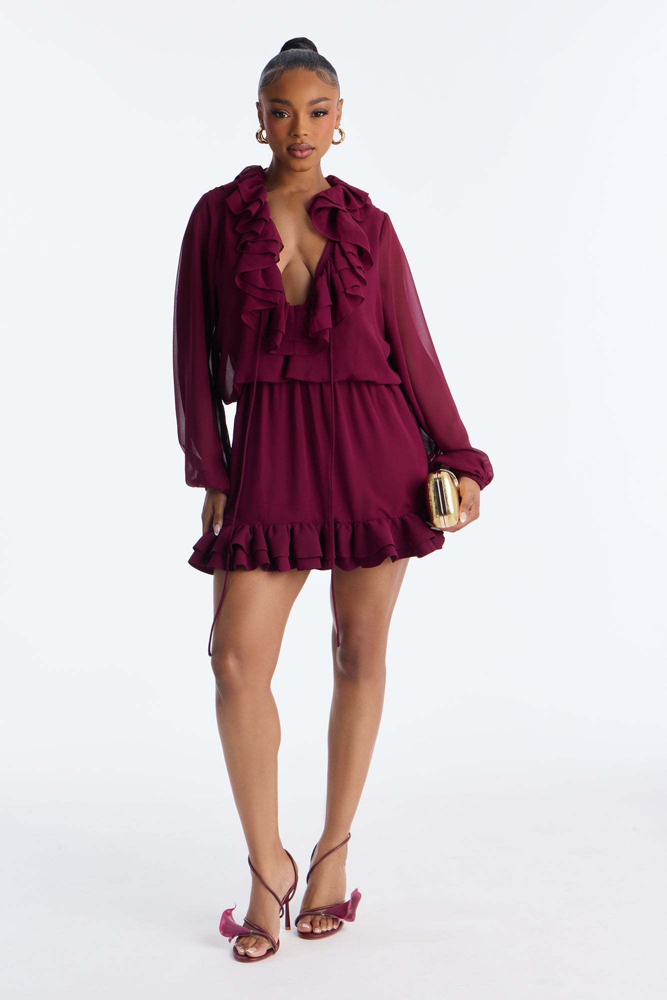 Summer Daze Ruffle Chiffon Mini Dress - Burgundy