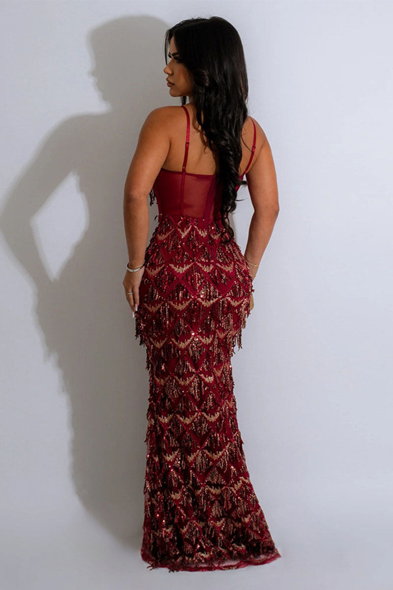 Cami Corset Sequin Fringed Gowns Maxi Dresses-Champagne