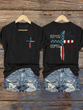 Women's Stand For The Flag Kneel For The Cross Printed Casual T-Shirt