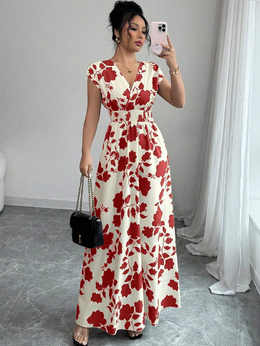 Elenzga Women V-Neck Allover Print Casual Long Dress
