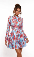 Women's Leaf Print Long Sleeve Round Neck Wrap Mini Midi Dress, Fitted elegant dress, Front Pleated Party Birthday Dress, Romantic Vacation Style 2026 Cocktail Dresses, Dressy Fashion Dinner Parties Dress, Streetwear Beach Dress