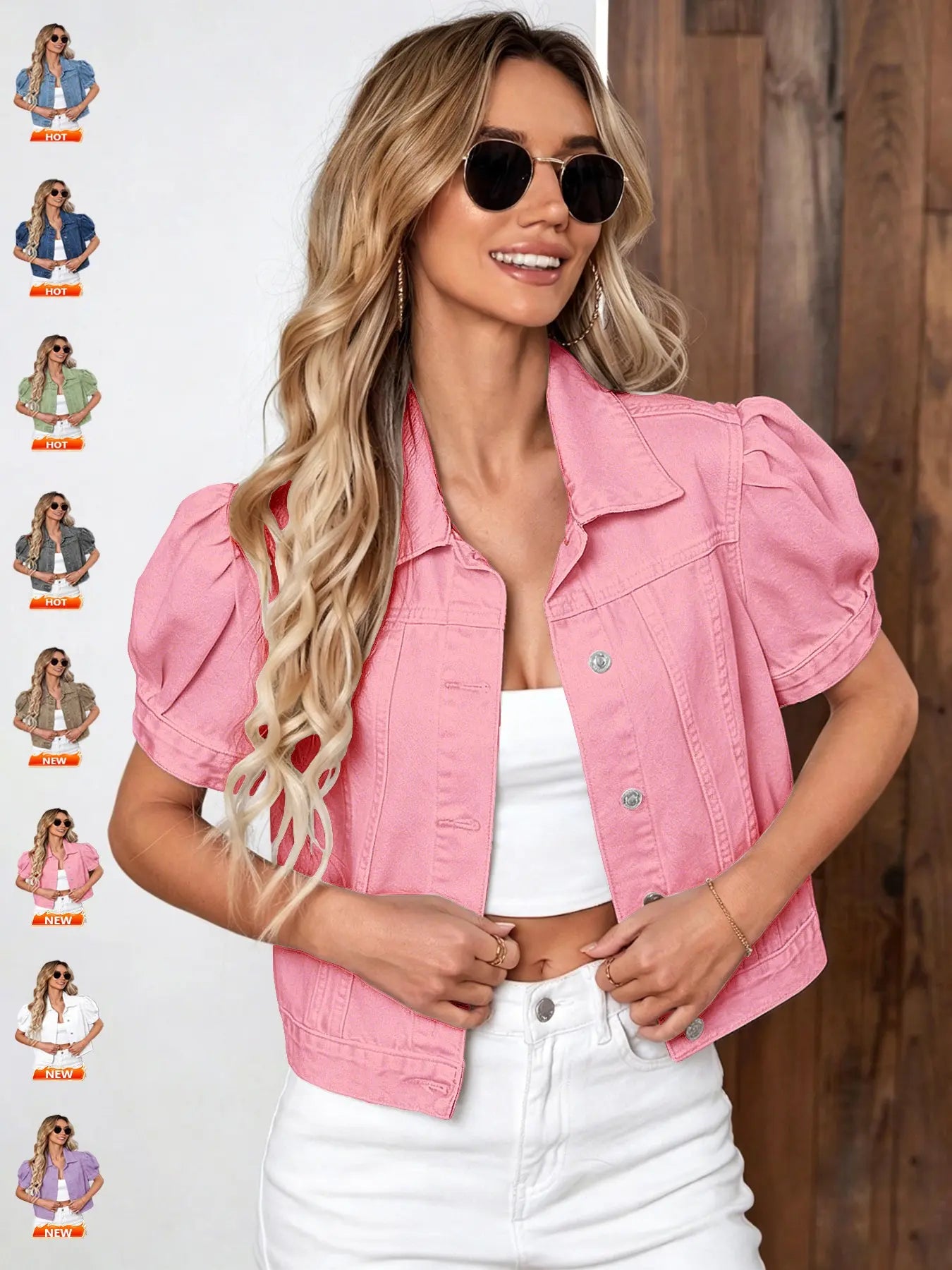 Women's Vintage Bubble Sleeve Light Wash Denim Jacket, Summer Thin High Waist Crop Top, Casual Fashionable Short Jean Coat for Women