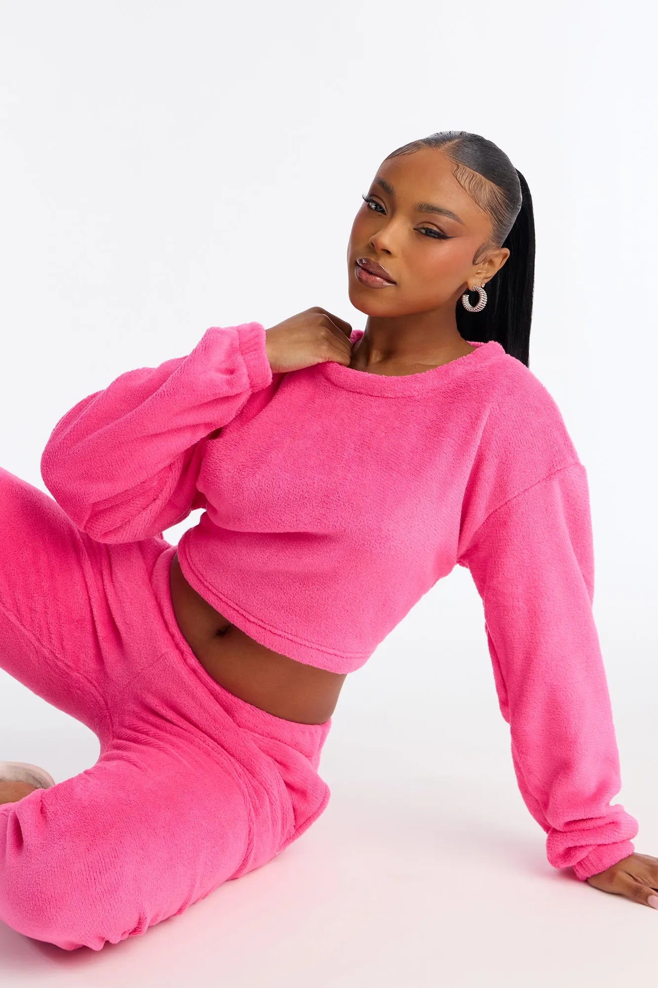 Keep You Cozy Plush Crew Neck PJ Jogger Set - Black