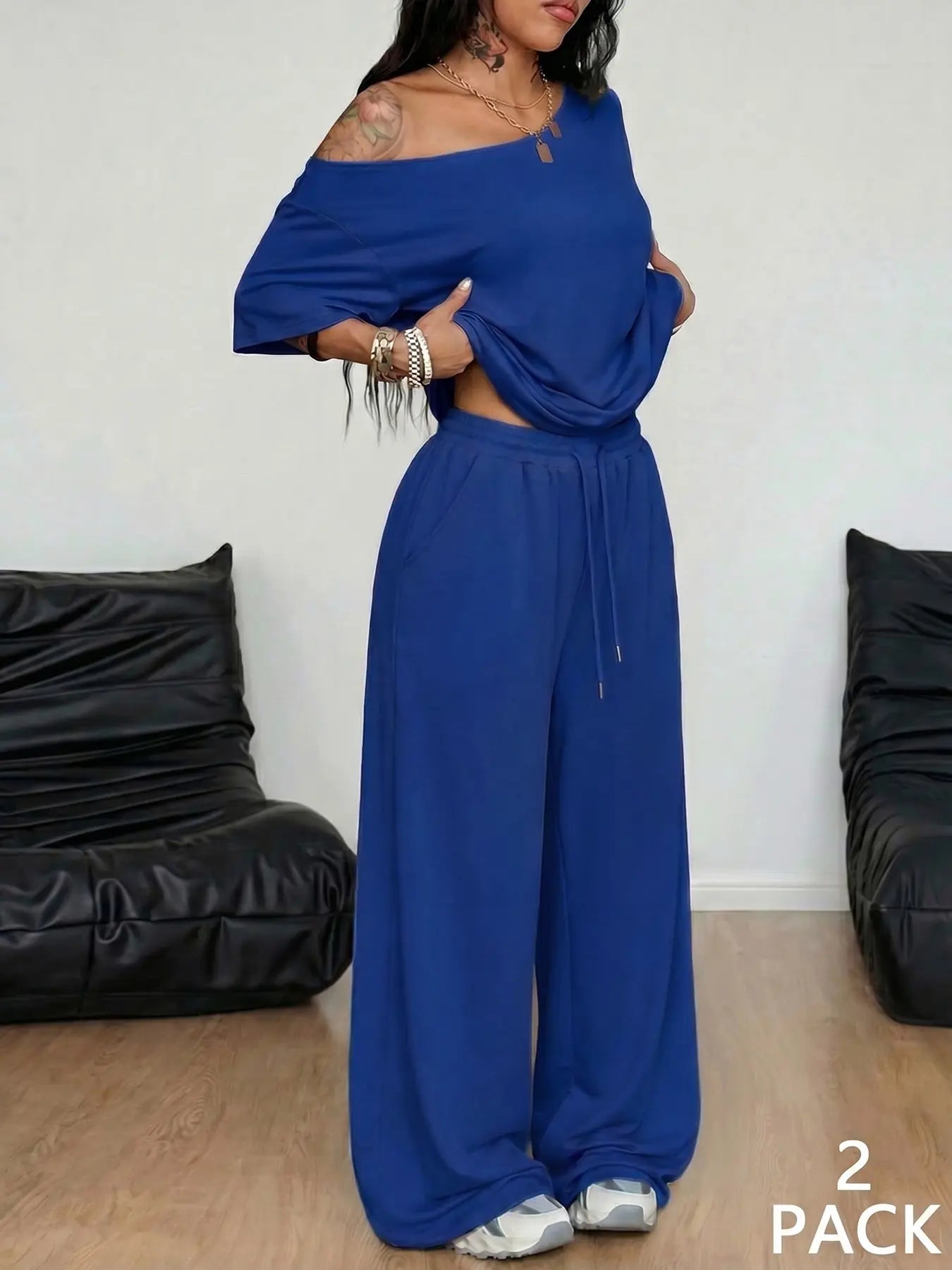 Women's Minimalist Off Shoulder T-Shirt & Wide Leg Pants Set
