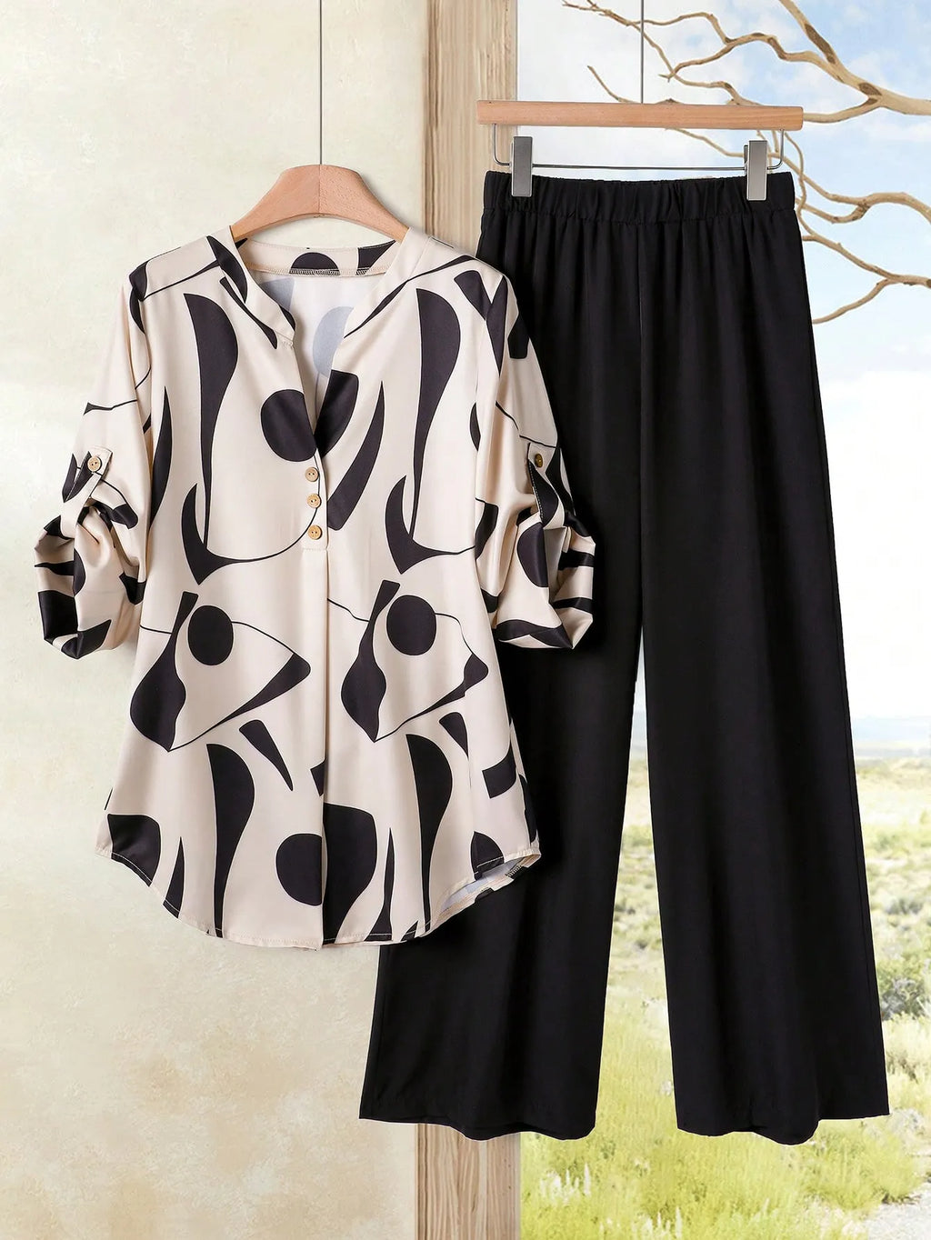 2pcs Women Contrast Color Print Shirt And Pants Set Old Money Style Business Casual Woman Blouse Sets For Ladies Two Piece