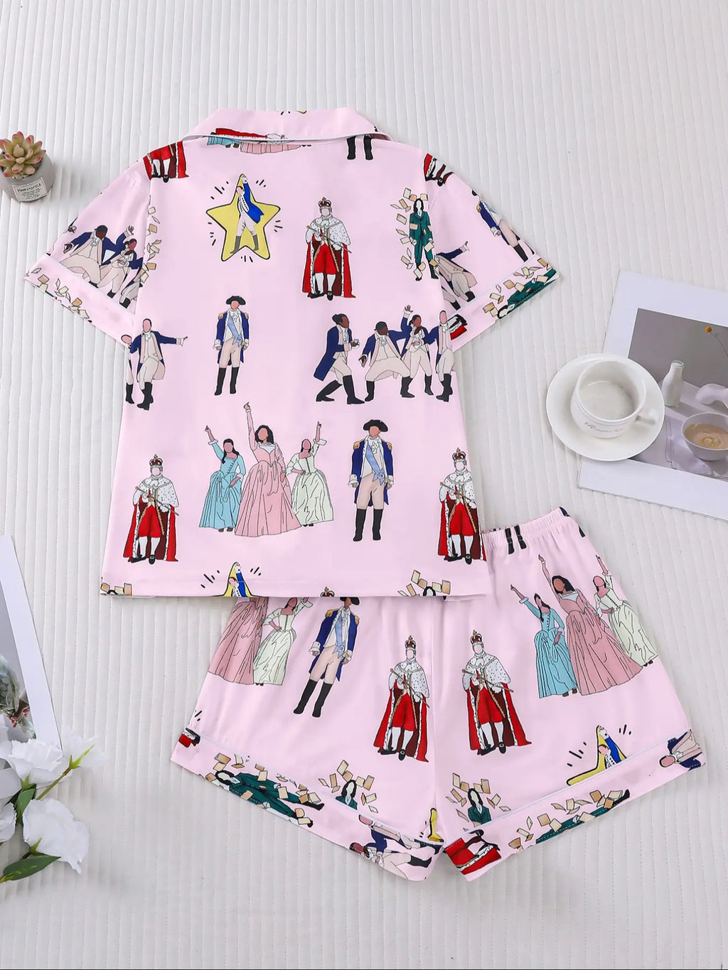 Hamilton Musical Themed Women's Pajama Set, Short Sleeve Shirt Collar Button Soft Top & Elastic Shorts, Casual Home Wear
