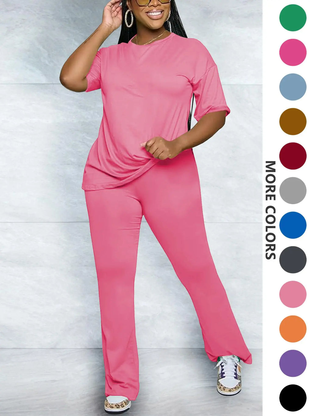 Women's Solid Round Neck Drop Shoulder Fitted Tee & Pants Two-piece Set, Casual Basic Fashion Cozy Half Sleeve T-shirt & Trousers for Daily Outdoor Wear, Women's Clothing for Fall, Casual Loungewear Set