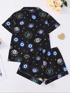 Women's All Over Cartoon Eye Print Short Sleeve Two-Piece Set