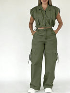 Women's Solid Button Front Tank Top & Cargo Pants, Pockets, Casual Fashion Cozy Two-piece Set for Daily Outdoor Wear, Ladies Clothes for Summer, Womenswear Aesthetic