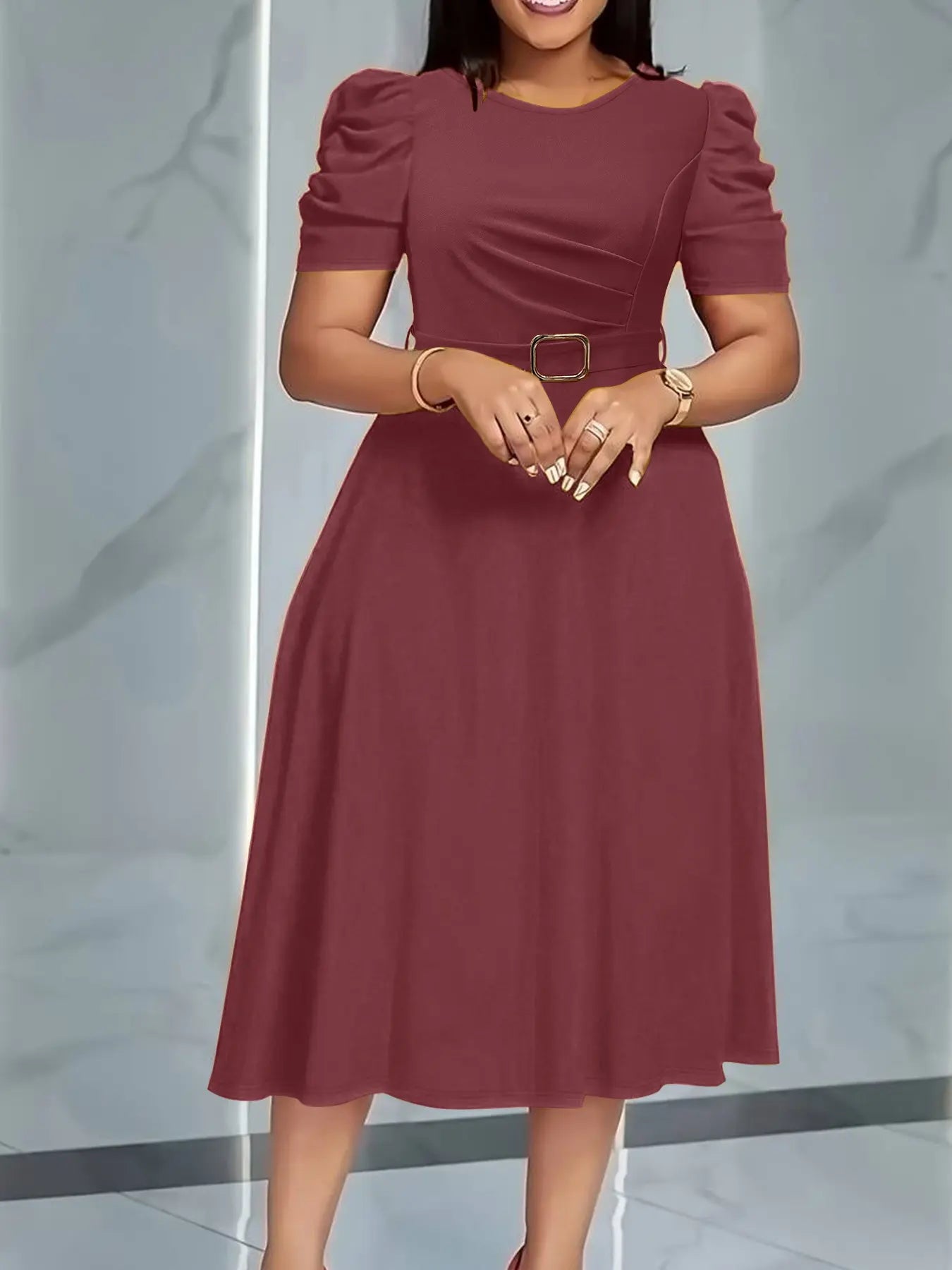 Summer Camel Bubble Sleeve Midi Dress with Waist Belt
