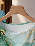 Women's Aqua Blue Summer Casual Vacation Holiday 2 Pieces Set,Abstract Floral Pattern Shirt With Tie Bow & Loose Straight Leg Pants,Vintage Style