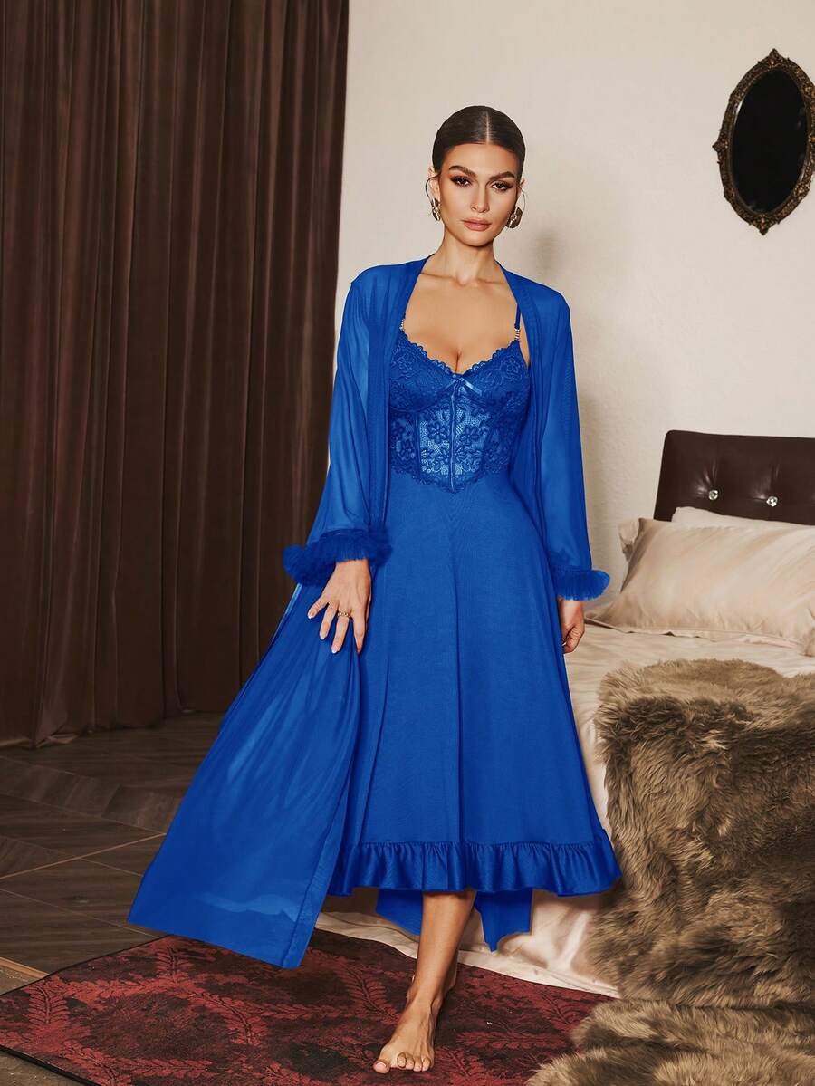 Slumberist 2pcs/Set Fishbone Design Waist Lace Camisole Nightgown + Floral Trim Wide Sleeve Mesh Robe