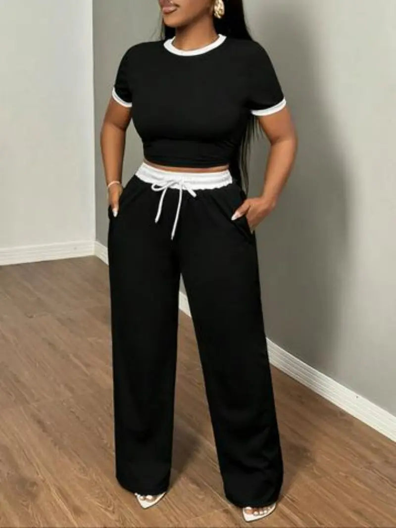 Women's New Casual Color-Blocked Round Neck Short Sleeve Two-Piece Set
