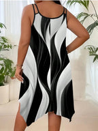 Women's Elegant Asymmetric Hem Double Strap Dress, Round Neck, Random Print Design, Summer Casual Party Wear, Fitted Style, Chic