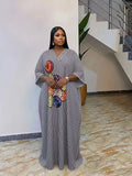 Plus Size Women's Fashion Chic Striped Print V-Neck Dress, Casual Daily Wear, Ethnic Boubou Kaftan for Party & Beach