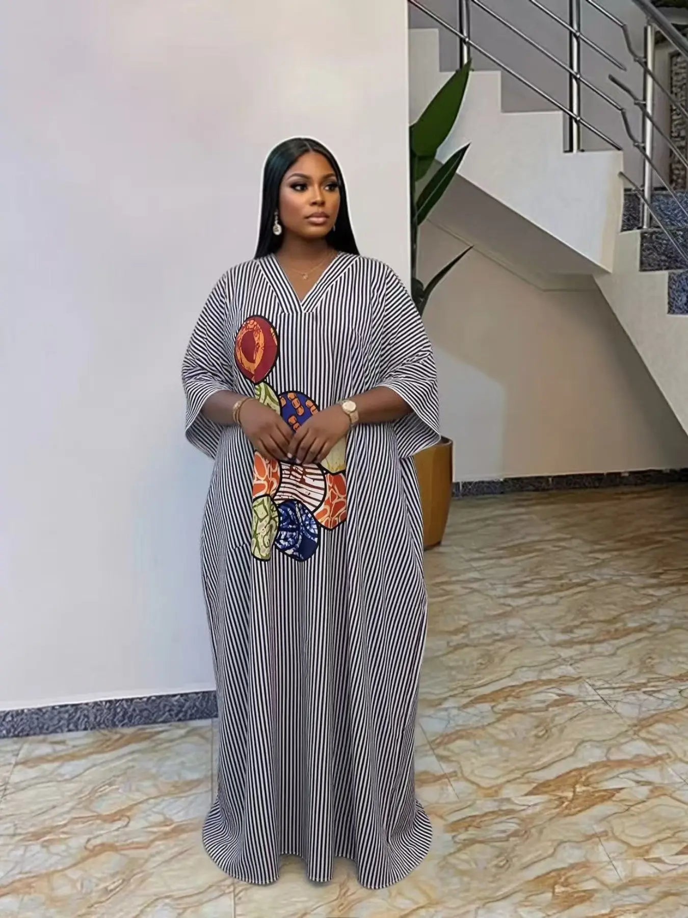 Plus Size Women's Fashion Chic Striped Print V-Neck Dress, Casual Daily Wear, Ethnic Boubou Kaftan for Party & Beach