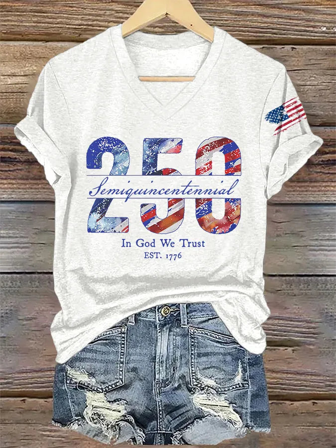 V-Neck Retro Semiquincentennial 250 In God We Trust Print T-Shirt