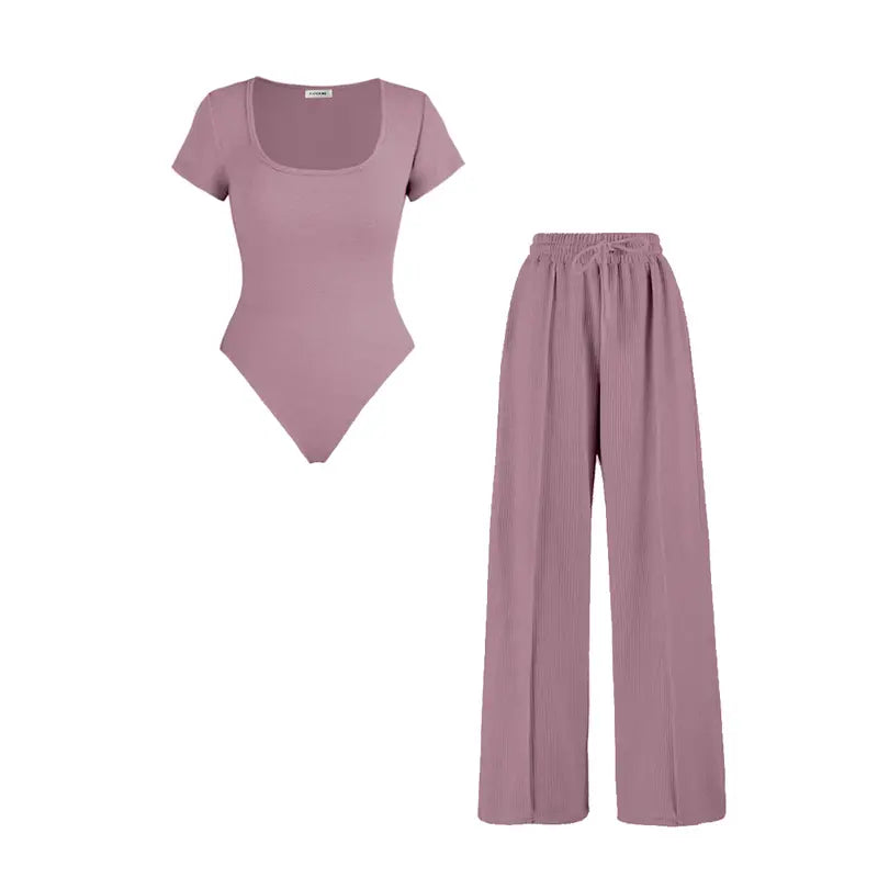 Women's Trendy Square Neck Shaping Bodysuit & High Waist Wide Leg Pockets Trousers Co-ord,Short Sleeve Shapewear,Two-Piece Outfit for Womenswear