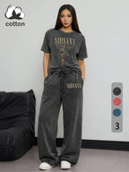 Women's Rock Style "NIRVANA" Graphic Print Cotton Co-ord Set, Vintage Distressed Short Sleeve T-shirt and Trousers Two-piece Set Outfit, Casual Round Neck T-shirt and Elastic Trousers, Summer Everyday Wear
