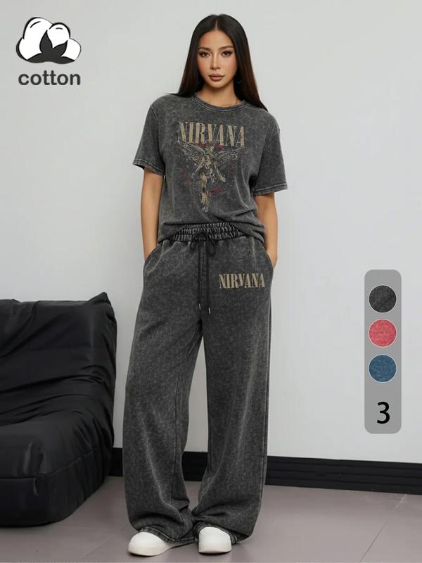 Women's Rock Style "NIRVANA" Graphic Print Cotton Co-ord Set, Vintage Distressed Short Sleeve T-shirt and Trousers Two-piece Set Outfit, Casual Round Neck T-shirt and Elastic Trousers, Summer Everyday Wear