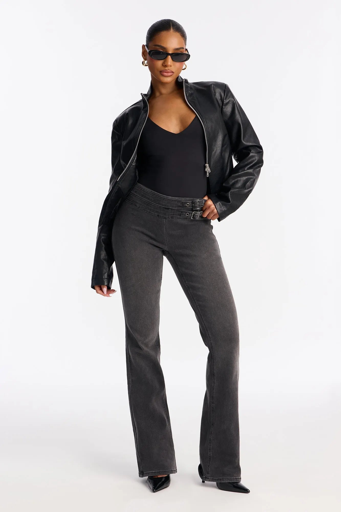 Reina Belted Bootcut Jeans - Dark Grey