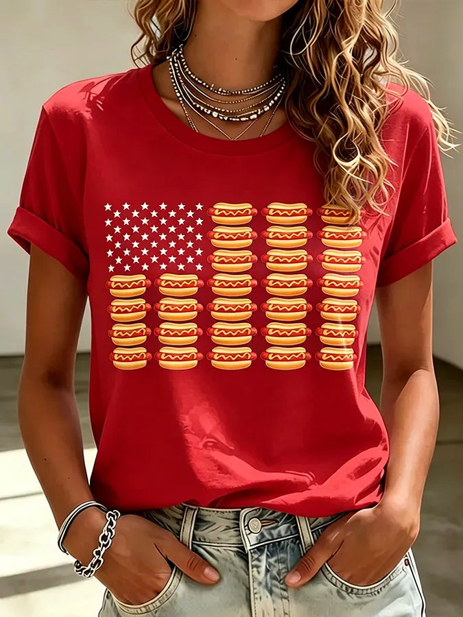Women's Hot Dog Pattern American Flag Patriotic Print Comfortable Pure Cotton T-Shirt