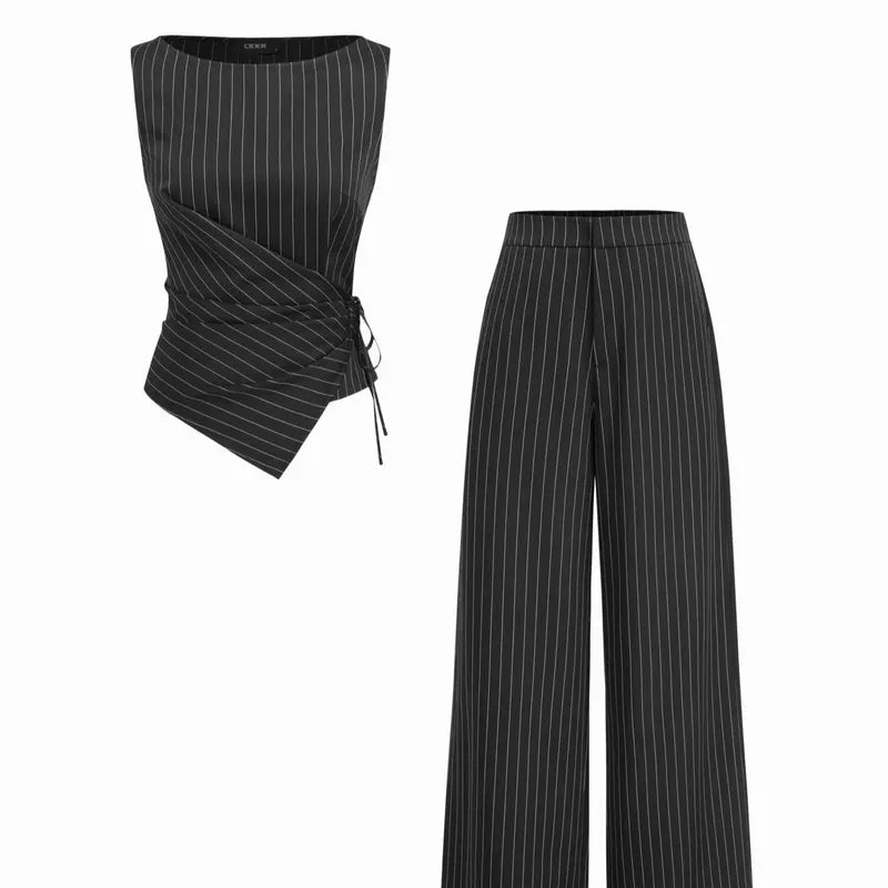 Cider Boat Neck Striped Wrap Knotted Top & Mid Rise Straight Leg Trousers Set– Office & Weekend Casual SwimWeek