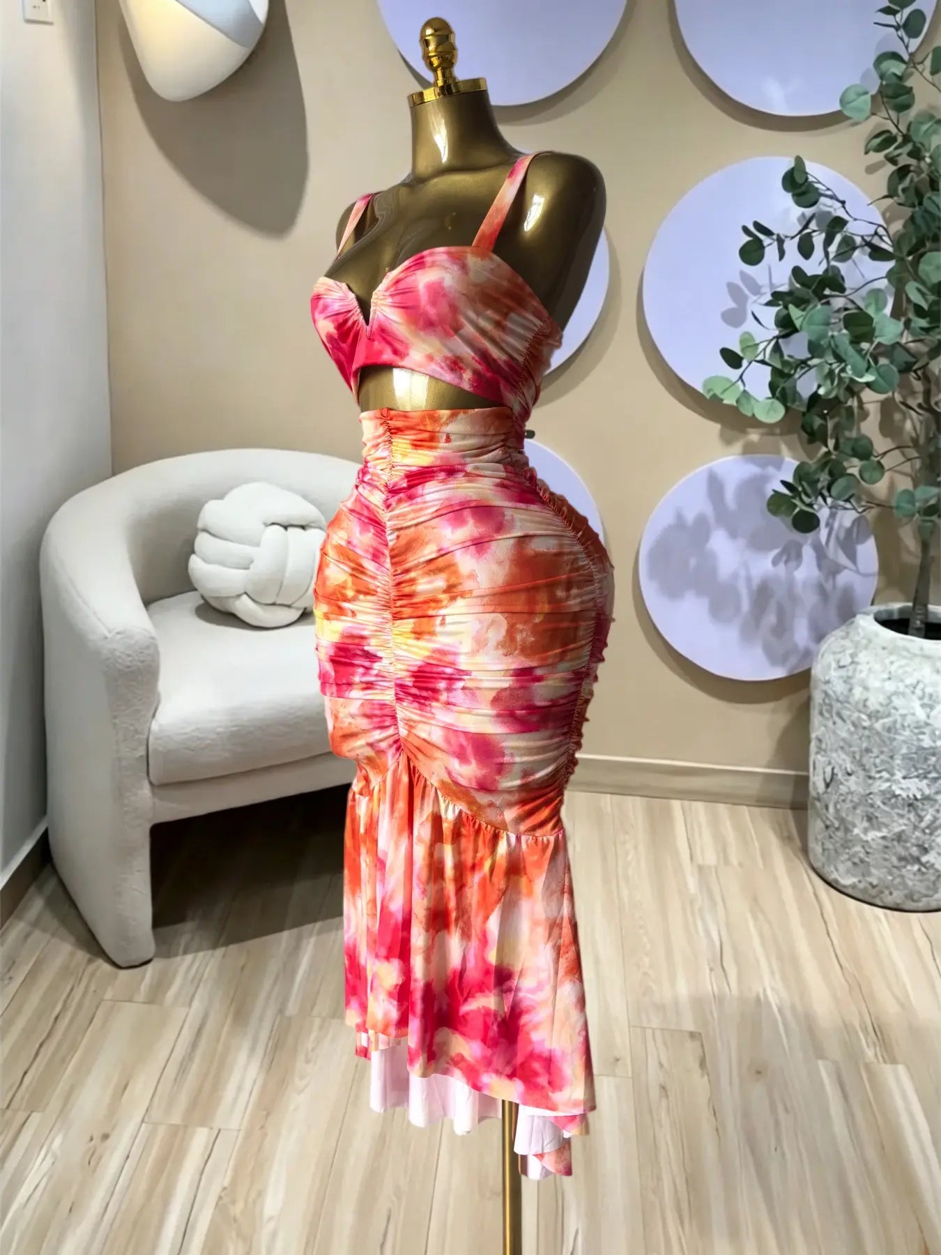 Elegant Women's Tropical Floral Print Cut Out Ruched MIdi Prom Dress, Summer Birthday Party Outfit Club Cocktail Gown, Lady Casual Skirt,Female Brunch Dresses,Graduation Dresses