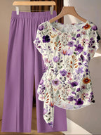 2pcs Women's Casual Bohemian Purple Floral Shirt & Pants Set,Summer Boho Vacation Outfit, Retro Beach Resort,Perfect For Wedding Guest Party