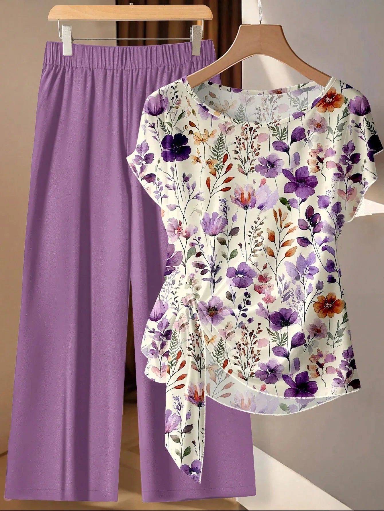2pcs Women's Casual Bohemian Purple Floral Shirt & Pants Set,Summer Boho Vacation Outfit, Retro Beach Resort,Perfect For Wedding Guest Party