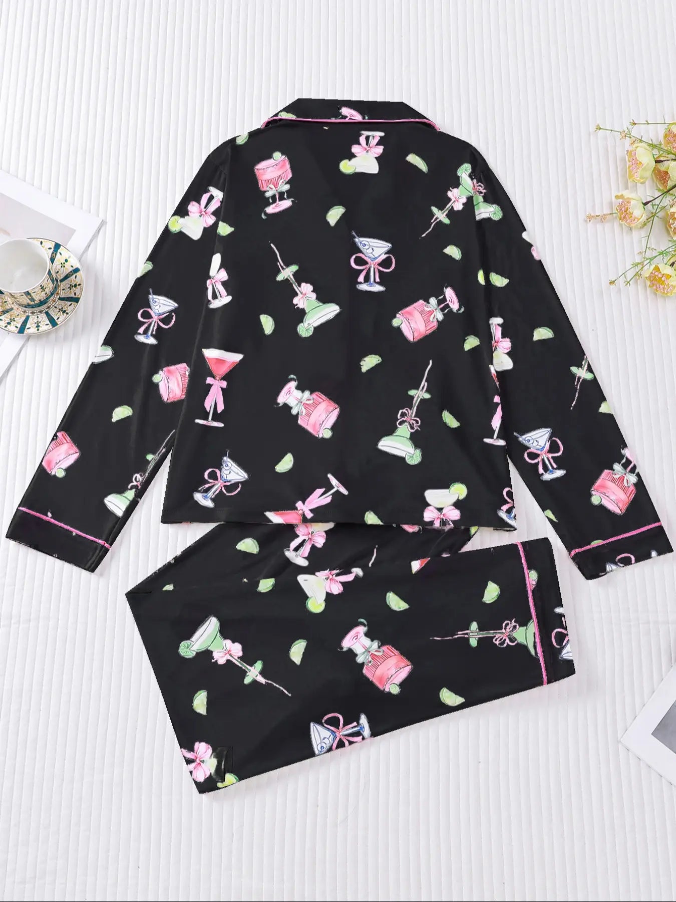 Women's Casual Pajama Set, Long Sleeve Button Front Shirt & Elastic Pants